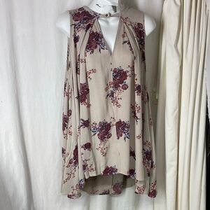Free People XS Tree Swing Tunic Top Dress Tan Blush Keyhole Floral Slvls Tank
